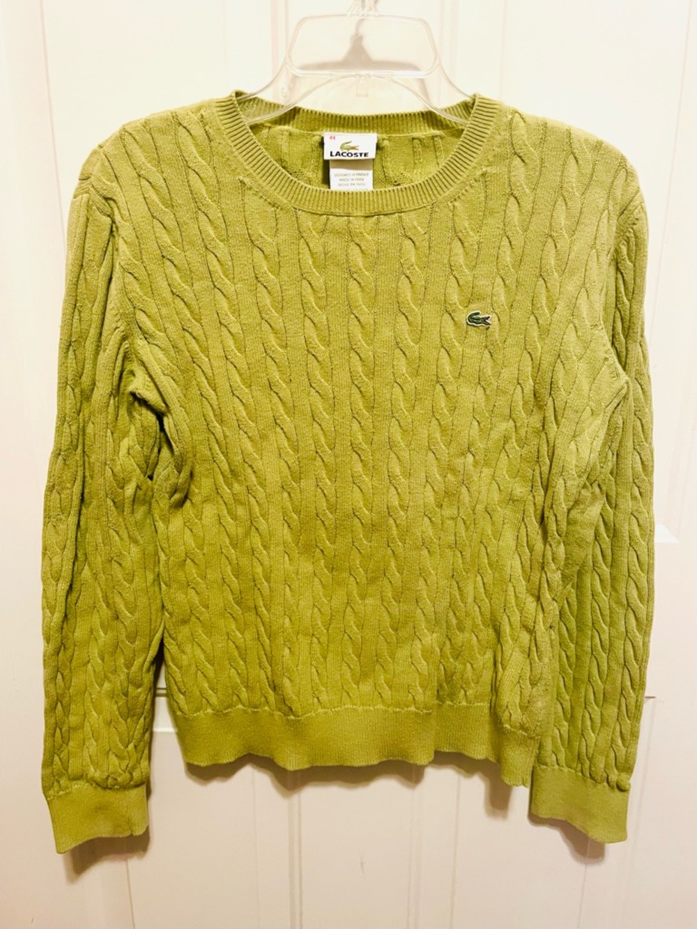 Lacoste Light Olive Cable Knit Crew Sweater